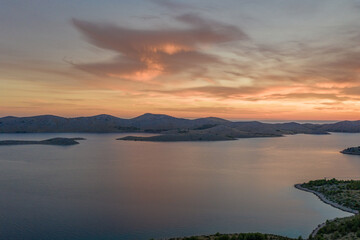 Fototapeta na wymiar Croatia - Zut Island landscape from drone view at sunset