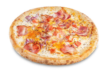 Fresh baked pizza carbonara on a white isolated background