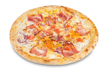 Fresh baked pizza carbonara on a white isolated background