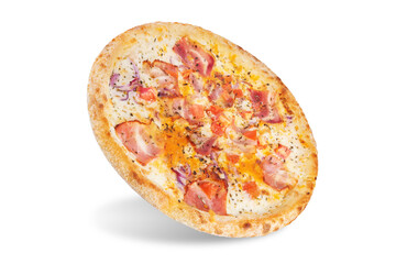 Fresh baked pizza carbonara on a white isolated background