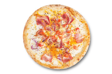 Fresh baked pizza carbonara on a white isolated background