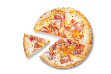 Fresh baked pizza carbonara on a white isolated background