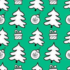tree and gifts - Christmas seamless green background. winter vector illustration in flat style. New Year holiday
