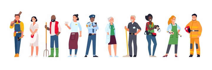 Different profession characters. People in uniforms. Men and women work in police and hospital. Waiter or farmer. Creative and technical occupations. Service staff. Vector workers set