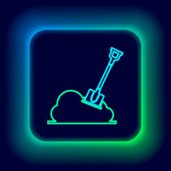 Glowing neon line Shovel in the ground icon isolated on black background. Gardening tool. Tool for horticulture, agriculture, farming. Colorful outline concept. Vector