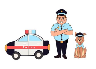 Set of policeman with dog and car. Vector illustration