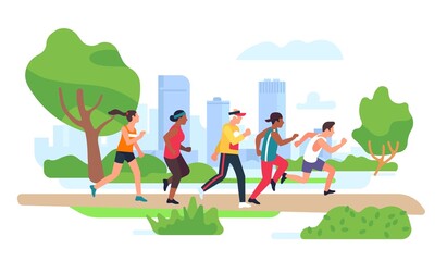 City park running. People group engaged in jogging outdoor. Morning walking. Sports characters training together. Healthy fitness cardio workout. Athletes in sportswear. Vector concept - obrazy, fototapety, plakaty