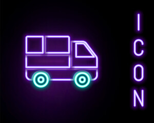 Glowing neon line Delivery truck with cardboard boxes behind icon isolated on black background. Colorful outline concept. Vector