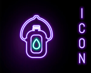 Obraz premium Glowing neon line Canteen water bottle icon isolated on black background. Tourist flask icon. Jar of water use in the campaign. Colorful outline concept. Vector