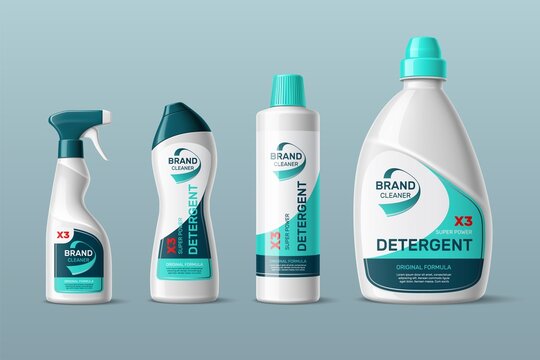 Detergents design. Realistic cleaning products. Different shapes of plastic packaging with branded labels. Washing liquid bottles mockup. Vector laundry and cleanser containers set