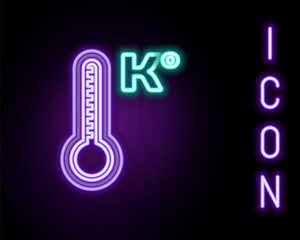 Glowing neon line Meteorology thermometer measuring heat and cold icon isolated on black background. Temperature Kelvin. Colorful outline concept. Vector