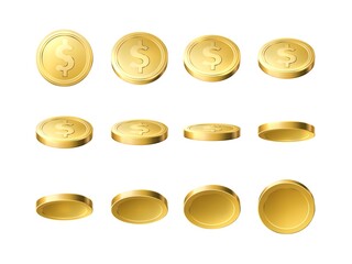 Realistic gold coins. Different angles golden coin, money cash payment, finance symbols, dollars sing, casino bingo jackpot, isolated element different view front and back vector set