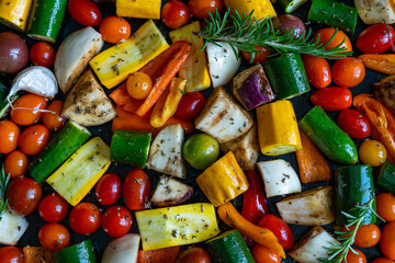 des légumes méditerranéens de toutes les couleurs découpés et éparpillés sur une plaque vu d'en haut