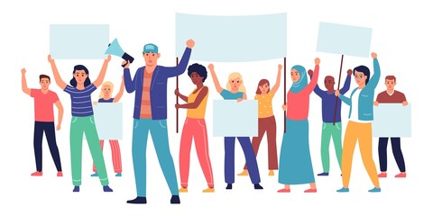 Protest demonstration. Demonstrators large group. Social movement. People participate in trade union strike. Protesting men and women with placards. Vector politic manifestation concept