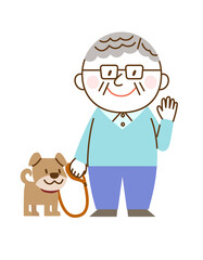 犬を連れるシニア男性