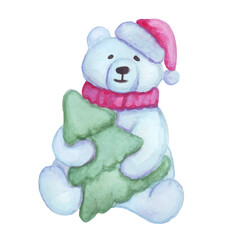 Christmas white bear. Watercolor teddy bear sits with a Christmas tree. Beautiful vector winter illustration.