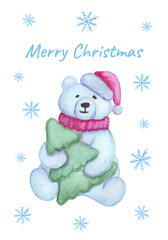 Christmas postcard with polar bear. Watercolor teddy bear sits with a Christmas tree. Beautiful vector winter illustrations.