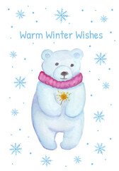 Christmas card with polar bear. Watercolor bear holding a sparkler. Fireworks. Winter vector illustration.