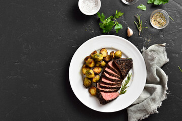 Grilled beef steak with brussels sprouts