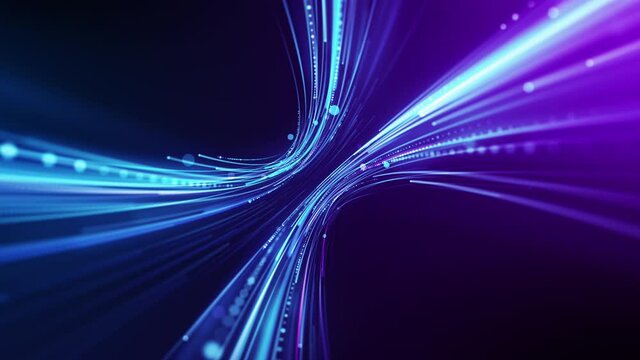 High tech abstract background with colorful light trails. Futuristic power stream motion in cyberspace. Bright stripes and shiny particle animation for innovation data flow concept. Seamless loop.