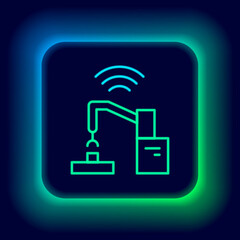 Glowing neon line Industrial machine robotic robot arm hand factory icon isolated on black background. Industrial robot manipulator. Colorful outline concept. Vector