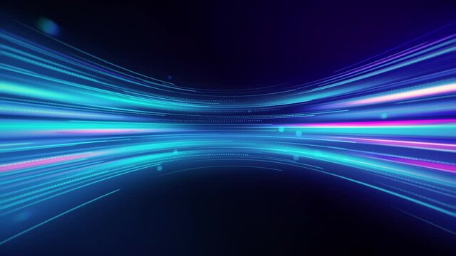 Abstract technology background with colorful light rays motion. Blur gradient texture with shiny stripes animation. Futuristic data flow concept. Seamless loop.