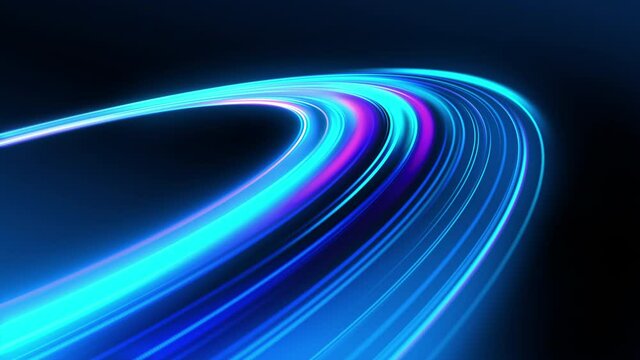 Blue abstract background with colorful light trails. Futuristic dynamic data flow for technology concept. Bright energy stream animation. Seamless loop.