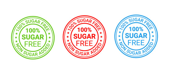 Sugar free round stamp, icon. No sugar added label. Diabetic rubber badge. Certified sticker,mark. Green red blue seal imprints isolated. Emblem for packaging on white background. Vector illustration