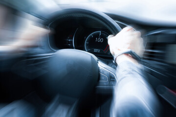 Speed car. Speedometer, tachometer on vehicle dashboard panel. Fast car interior.