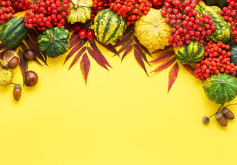 Autumn background with pumpkins, rowanberry, and colorful leaves on a bright yellow backdrop. Happy Thanksgiving and harvest concept. Copy space