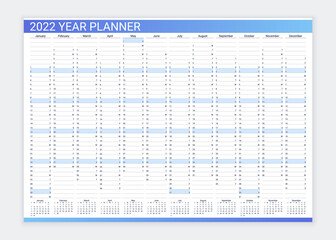 Calendar planner for 2022 year. Desk calendar grid. Annual daily organizer template. Agenda diary. Week starts Sunday. Schedule page with 12 month in English. Vector illustration in simple design.