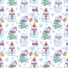 Pattern with white bears. Christmas winter seamless pattern. Watercolor polar bears. Winter illusion. A beautiful pattern is perfect for textiles, prints, social media design, package design, website 