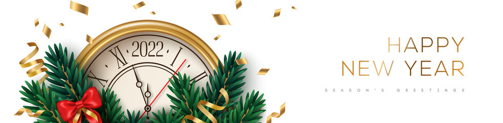 Naklejka na ściany i meble Merry Christmas and Happy New Year 2022 Banner with Xmas Tree Branches and Golden Clock Face on White Background. Vector illustration. Winter holiday template design, header, poster, sale voucher