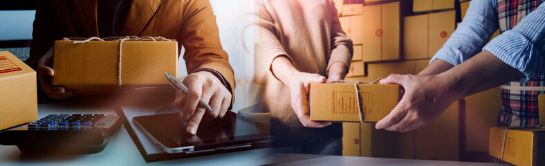 Young woman small business owner online shopping at home. taking note of orders from customers with mobile phones. SME entrepreneur or freelance life style concept.