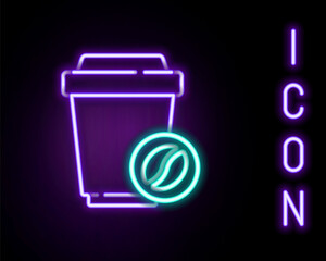 Glowing neon line Coffee cup to go icon isolated on black background. Colorful outline concept. Vector