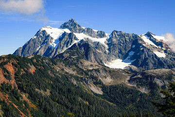 Mount Shuksan in North Cascades National Park in the Fall with glaciers clinging to the side of the majestic mountain