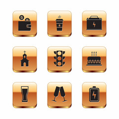 Set Wallet with coin, Glass of beer, Glasses champagne, Traffic light, Church building and Car battery icon. Vector