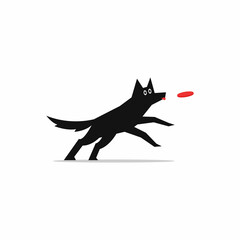 Dog vector. Dog playing disk vector illustration. Black happy dog playing vector design.