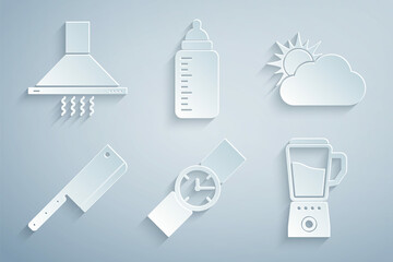 Set Wrist watch, Sun and cloud weather, Meat chopper, Blender, Baby bottle and Kitchen extractor fan icon. Vector