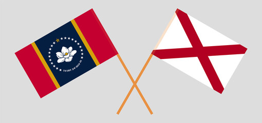 Crossed flags of The State of Mississippi and The State of Alabama. Official colors. Correct proportion