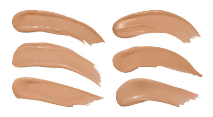 Foundation smudges. Make up concealer splash. Fashion vector swatch. Cosmetic brown background. Foundation smears. Face beauty powder. Makeup color product. Foundation cream isolated on white.