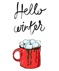 Lettering hello winter and cocoa mug with marshmallow, hand drawn vector illustration, color