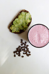 healthy breakfast, smoothies, strawberry milkshake, avocado toast, coffee beans, bright avocado, healthy food, beautiful breakfast