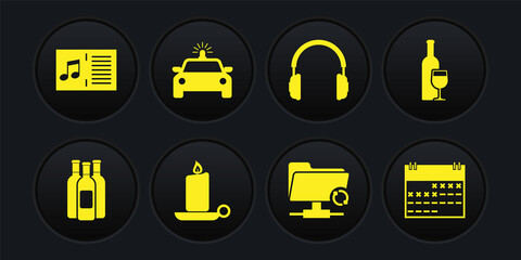 Set Bottles of wine, Wine bottle with glass, Burning candle candlestick, FTP sync refresh, Headphones and Police car flasher icon. Vector