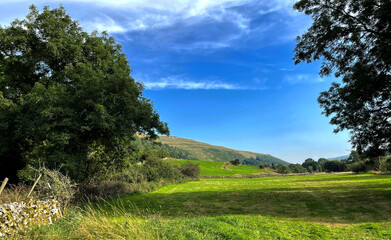 Fototapeta na wymiar Yorkshire Dales landscape, with dry stone walls, trees, and fields near, Hubberholme, Skipton, UK