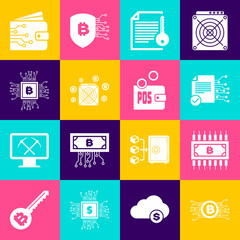 Set Cryptocurrency bitcoin in circuit, with, Smart contract, , ASIC Miner and CPU mining farm icon. Vector