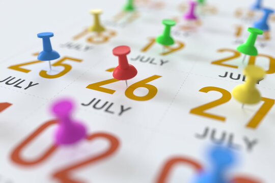 July 26 date marked with a pin calendar, 3D rendering