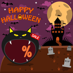 Halloween Character Head With Black Cat Head On Graveyard and Palace. Percent, Sale, and Dark Background