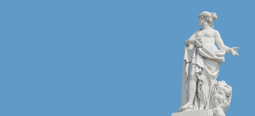Banner with old statue of sensual renaissance era woman with a big lion at blue sky solid background with copy space, Potsdam, Germany. Concept of historical architecture heritage.