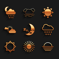 Set Moon icon, Sun, Sunset, Cloud with rain, and cloud weather, and moon icon. Vector